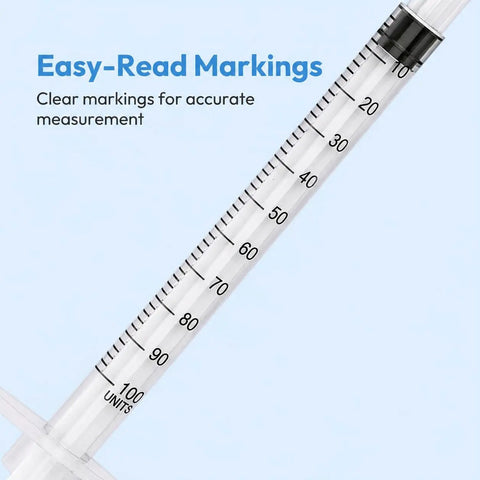 Disposable 31G U-100 Syringes 1ml Capacity 5/16 Inch Tip 30 Pack Leak-Proof Clear U-100 Markings Lab-Grade Plastic Single-Use Medical and Research Syringes for Lab Use, close-up markings