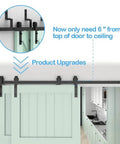 Barn Door Sliding Track Kit For Double Doors Black Finish With J Shaped Rollers installed in modern kitchen