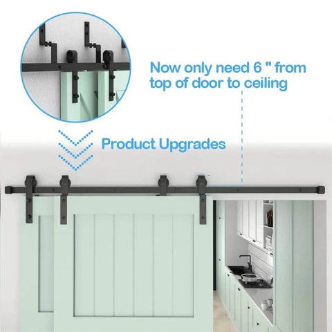 Heavy Duty Barn Door Sliding Hardware Kit For Double Doors, 14 Ft Rail System With J Shaped Rollers, Black Finish, Installed View