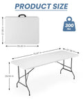 6 Foot Folding Picnic Table Built for On The Go Camping Picnics Parties and Kitchen Use, dimensions shown, folded and open view