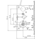 Technical diagram of Built Tough Commercial Heavy Duty Mortise Lock Handle Set, dimensions 70x92mm, reversible latch, satin stainless housing.