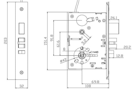 Technical diagram of Built Tough Commercial Heavy Duty Mortise Lock Handle Set, dimensions 70x92mm, reversible latch, satin stainless housing.