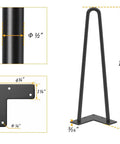 Diagram of 16-Inch Iron Hairpin Table Legs with dimensions, solid half-inch steel, black, for DIY modern mid-century furniture.