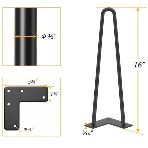 Diagram of 16-Inch Iron Hairpin Table Legs with dimensions, solid half-inch steel, black, for DIY modern mid-century furniture.