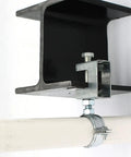 Close-up of 8 Pack Conduit Hangers With Beam Clamp And Pipe Support Bracket For I Beam Installation, 2 Inch Cable Clamps attached to pipe.