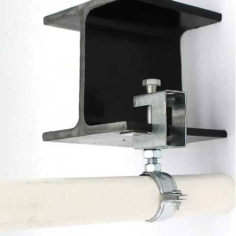 Close-up of 8 Pack Conduit Hangers With Beam Clamp And Pipe Support Bracket For I Beam Installation, 2 Inch Cable Clamps attached to pipe.