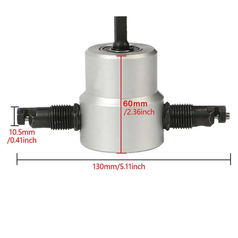 Dual Head Sheet Metal Nibbler Cutter Drill Attachment with 360 Degree Cutting Reach showing dimensions and steel body