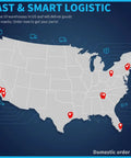 Map of the USA highlighting warehouse locations for fast and smart logistics with domestic order only notice.