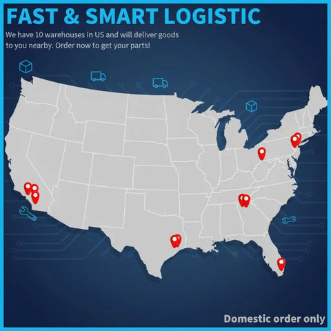 Map of the USA highlighting warehouse locations for fast and smart logistics with domestic order only notice.