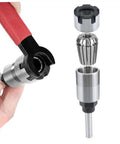 ER20 chuck and wrench detail of 4 Pcs 1/4 Inch Shank Router Collet Extension Set With Chuck Converter Adapter Plus Wrench Spanner For Woodworking Power Tool Accessory Kit That Upgrades Your Bits Big Time.