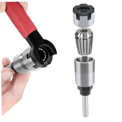 ER20 chuck and wrench detail of 4 Pcs 1/4 Inch Shank Router Collet Extension Set With Chuck Converter Adapter Plus Wrench Spanner For Woodworking Power Tool Accessory Kit That Upgrades Your Bits Big Time.