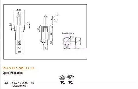 Technical diagram of Replacement Plunger Micro Switch 10A 250V 2 Pin Normally Open Round Limit Switch With Extended Actuator
