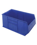 Front view of Built Tough Blue Rack Bins For 42 Inch Deep Pallet Racks Waterproof Part Organizer With 24 Inch Wide And 18 Inch High Dimensions