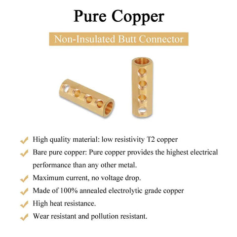 Pure copper non-insulated butt connectors with features, suitable for 6 8 10 AWG wire connector kit with screws 80A quick splice.
