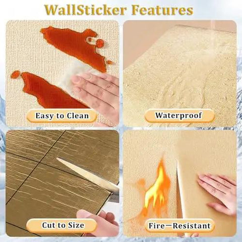 Solid Self Adhesive Insulating Wallpaper Roll Waterproof Moisture Proof Thermal Foam Wall Cover Easy Peel And Stick Bedroom Or Living Room Pink 50Cm X 12M features showing easy cleaning, waterproofing, cut-to-size, and fire resistance.