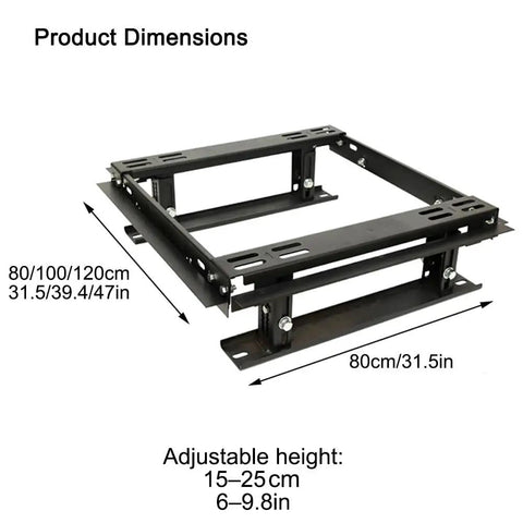 Adjustable height server rack base stand built rock solid on cold rolled steel for no sweat raised floor riser setup. Dimensional view.