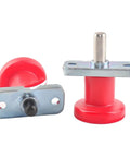 Dead Nut Tight Horizontal Flange Indexing Pin M6 M8 Spring Plunger Self Locking Safety Block for Shop Jigs Fixtures and CNC Rigs, red plastic and metal design.