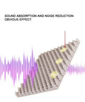 Pro Grade Egg Crate Acoustic Foam Rolls For Studio Walls, showing sound absorption effect on beige foam structure.