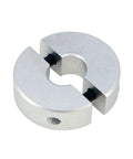 Two Piece Clamp On Shaft Collars, Five Sixteenth Inch Bore, One Inch Outer Diameter, Five Sixteenth Inch Thick, Silver Double Split Design, Aluminum Alloy Construction, Durable Shaft Locks For Machinery And Industrial Use.