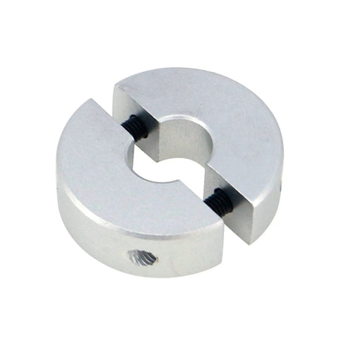 Two Piece Clamp On Shaft Collars, Five Sixteenth Inch Bore, One Inch Outer Diameter, Five Sixteenth Inch Thick, Silver Double Split Design, Aluminum Alloy Construction, Durable Shaft Locks For Machinery And Industrial Use.