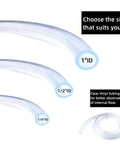 Clear PVC tubing set with multiple inner diameters (1/4 in, 1/2 in, 1 in); flexible transfer hose