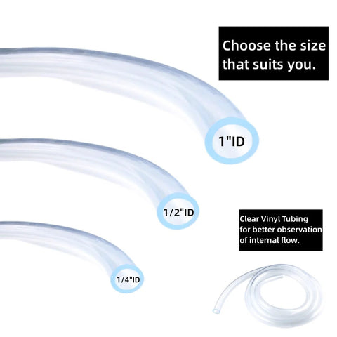 Clear PVC tubing set with multiple inner diameters (1/4 in, 1/2 in, 1 in); flexible transfer hose
