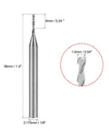 Front view: carbide end mill router bit, 1/8 in shank, 1.0 mm diameter, 6 mm length of cut, 2-flute
