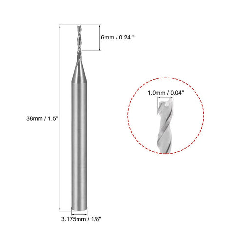 Front view: carbide end mill router bit, 1/8 in shank, 1.0 mm diameter, 6 mm length of cut, 2-flute