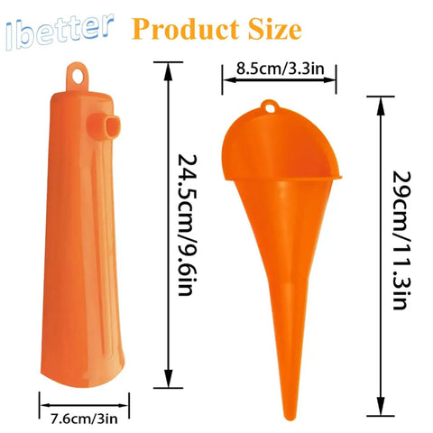 Orange funnels from Oil Change Kit With Filter Wrench, Crankcase Fill Tool, Primary Case Funnel, Drip Free Oil Filter Funnel Set