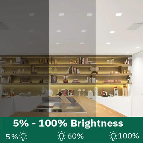 4 Pack 8 Inch Square LED Recessed Lights With Junction Box Dimmable 3CCT illuminating modern kitchen at varying brightness levels