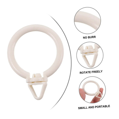 Plastic Roman Curtain Rings 48 Pack With Smooth Glide Hanging Hooks, white ring with close-up details, durable and portable design