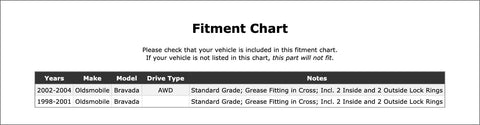 Fitment chart for Premium Front Shaft Universal Joint For Oldsmobile Bravada 1998 to 2004 with vehicle compatibility details.
