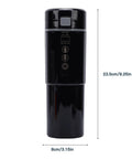 Portable Car Electric Kettle With Smart Temp Control Fits Standard Holders Great For Road Trips And Daily Grinds Brews Fresh Coffee Or Tea Right On Your Dash Reliable Gear For Modern Drivers Seeking Chill Vibes In Sleek Black Finish displaying a compact 12v kettle with temperature controls