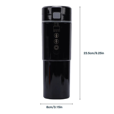 Portable Car Electric Kettle With Smart Temp Control Fits Standard Holders Great For Road Trips And Daily Grinds Brews Fresh Coffee Or Tea Right On Your Dash Reliable Gear For Modern Drivers Seeking Chill Vibes In Sleek Black Finish displaying a compact 12v kettle with temperature controls