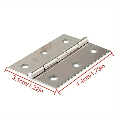 Heavy Duty Stainless Steel Flat Hinges With A Slick Silver Finish 20 Pack Easy Install Screw Mount For Cabinets Windows And Wood Boxes close-up view showing dimensions and screw holes.