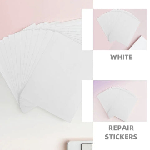 12 Pack Vinyl Wall Repair Patches Self Adhesive Tape for quick home fixes, showing white adhesive stickers spread out.