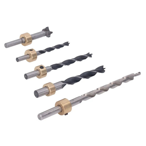 Top Notch 5 Piece Pocket Hole Drill Bit Set Made From High Speed Steel With Adjustable Depth And Three Knife Points For Super Clean Woodworking Holes In Just About Any Project You Got Going On. five drill bits with depth collars