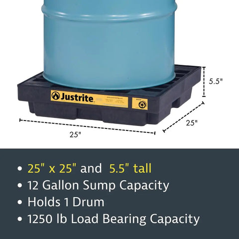 Low Profile Drum Spill Containment Pallet for 55 Gallon Drum, 12 Gallon Capacity, 5.5 Inch Tall, Built Tough HDPE Tray, Recycled Polyethylene, Made in USA, Black
