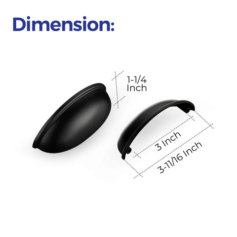 Ten Pack 3 Inch Flat Black Drawer Pulls Cup Cabinet Handles dimensions 3 in center to center, 3-11/16 in overall, 1-1/4 in width.