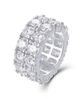 Platinum Plated 925 Sterling Silver Moissanite Engagement Ring Featuring Clean Grid Pattern And Round Cut Stones from side angle.
