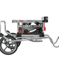Tough Workhorse 10 Inch Worm Drive Table Saw With Rolling Stand and Precision Fence view from the side showcasing the wheels and stand.