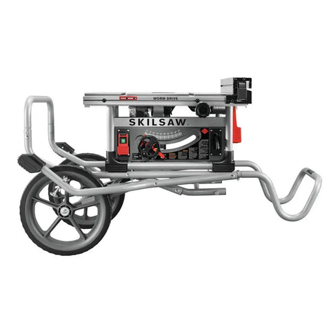 Tough Workhorse 10 Inch Worm Drive Table Saw With Rolling Stand and Precision Fence view from the side showcasing the wheels and stand.