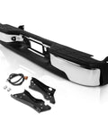 PM PERFORMOTOR rear step bumper with license plate lights for 1999–2006 Chevy Silverado/GMC Sierra; black chrome trim.