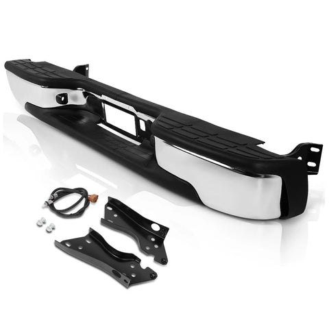 PM PERFORMOTOR rear step bumper with license plate lights for 1999–2006 Chevy Silverado/GMC Sierra; black chrome trim.