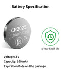 Hella Reliable Cr2025 Lithium Coin Cell Batteries 10 Pack 3 Volt 160 Mah battery with voltage and capacity information on packaging.