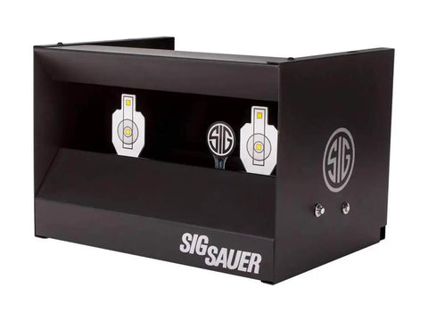 Dual Shooting Gallery Airgun Target With Knockdown Reset, all-metal pellet trap displayed with targets and center reset icon