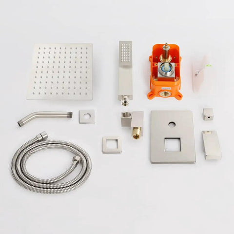 Brushed Nickel Shower System With 8 Inch Rainfall Head, Wall Mounted Faucet Set, Handle, Rough In Valve Body And Trim Kit components
