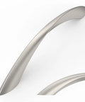 10 Pack Brushed Satin Nickel Arch Twisted Cabinet Pulls 5 Inch Hole Centers, close-up showing satin finish and sleek design.
