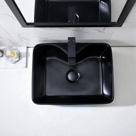 Matte Black Vessel Sink With Faucet And Drain Combo For Bathroom, 19 By 15 Inches Rectangular Above Counter Ceramic Art Basin