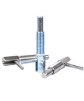 Heavy Duty L Handle Self Locking Indexing Pin Plunger Knob Fits M6 To M16 Specs Precision Stainless Steel positioning knobs in various angles.